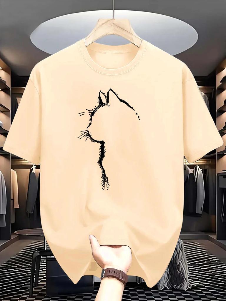 2026 Men Cute Pet Side Profile Printed Cotton TShirt Street Style Trendy Cat Face Loose Fit Short Sleeve Comfortable Casual Top