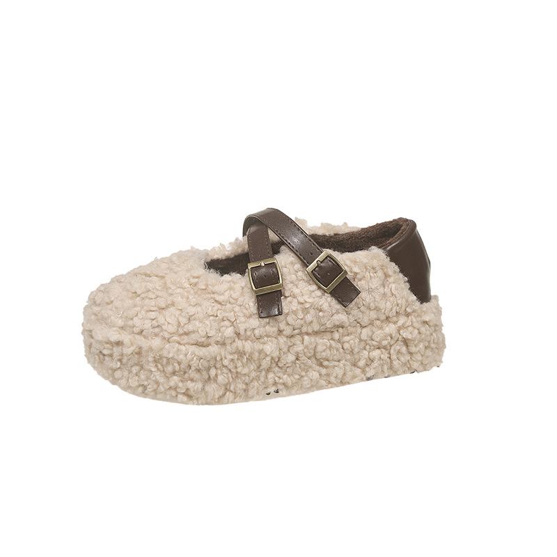 Cute fluffy slippers women's 2025 new autumn and winter velvet lamb wool shallow mouth beanie shoes with Mary Jane shoes