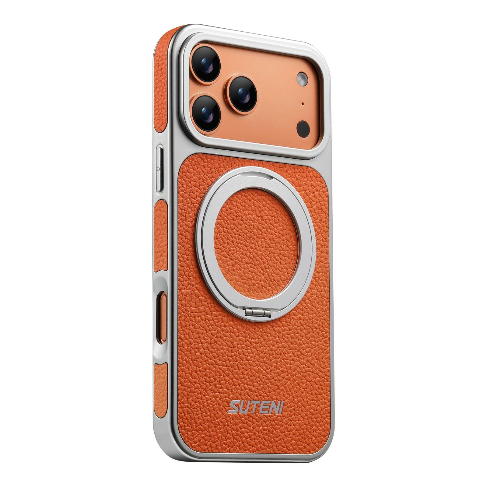 SUTENI G6 for iPhone 17 Pro Max Magnetic Case Rotating Kickstand Electroplating Litchi Texture Leather Back Cover