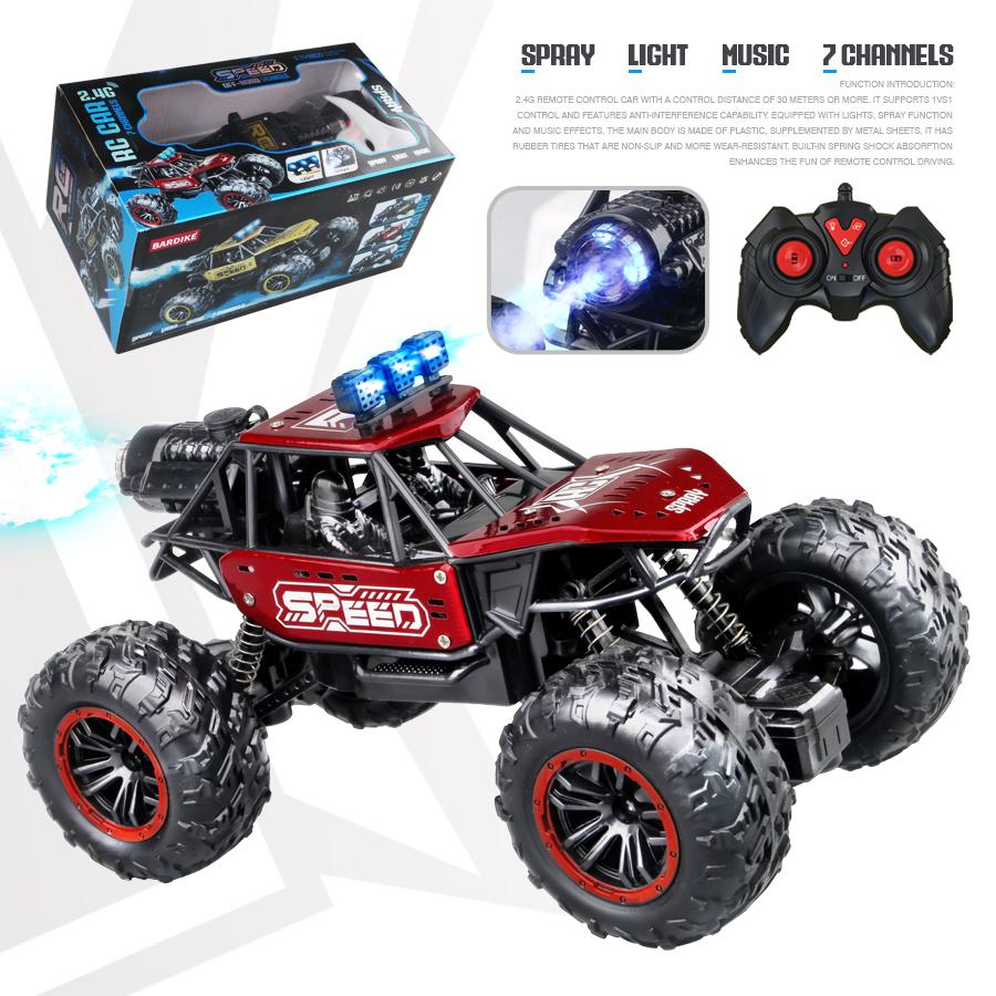 2.4g Remote Control Off-Road Alloy Car with Shock Absorbers, Climbing Fast Car with Music, Lights, and Spray, Children's Electric Rc T