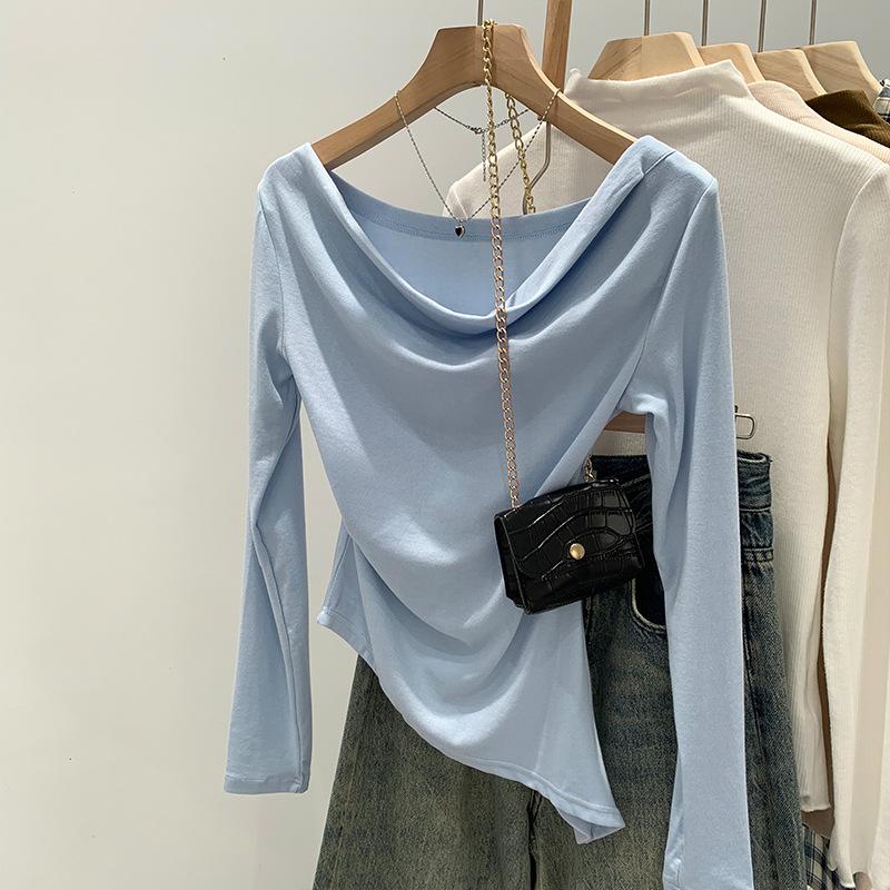 Slim-fit irregular swinging collar shoulder top women's autumn new sweet and spicy versatile bottoming shirt long-sleeved T-shirt