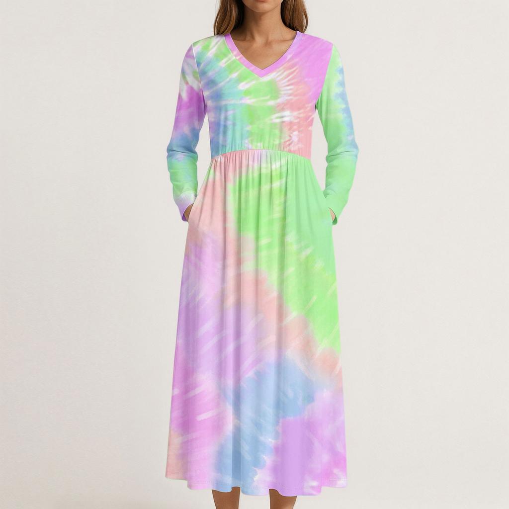 Šaty Pro Ženy Dlouhé Boho Plážové Šaty Elegantní Maxi Šaty Výstřih do V Dlouhý Rukáv Šaty s Kapsami