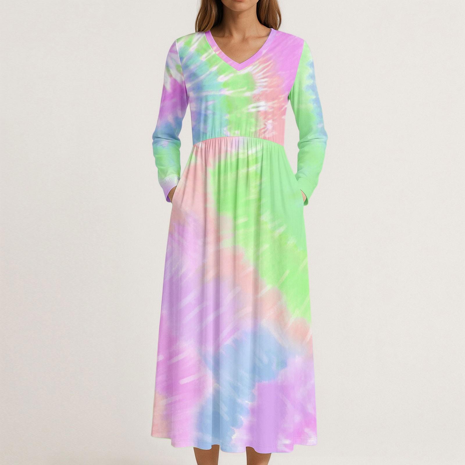 

Платье для женщин длинное бохо пляжное платье элегантное макси-платье V-образный вырез длинный рукав платье с карманами S розовый