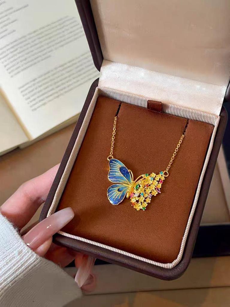 Blue-Fired Filigree Butterfly Pendant Necklace with Gold Enamel, Light Luxury Courtly Style.