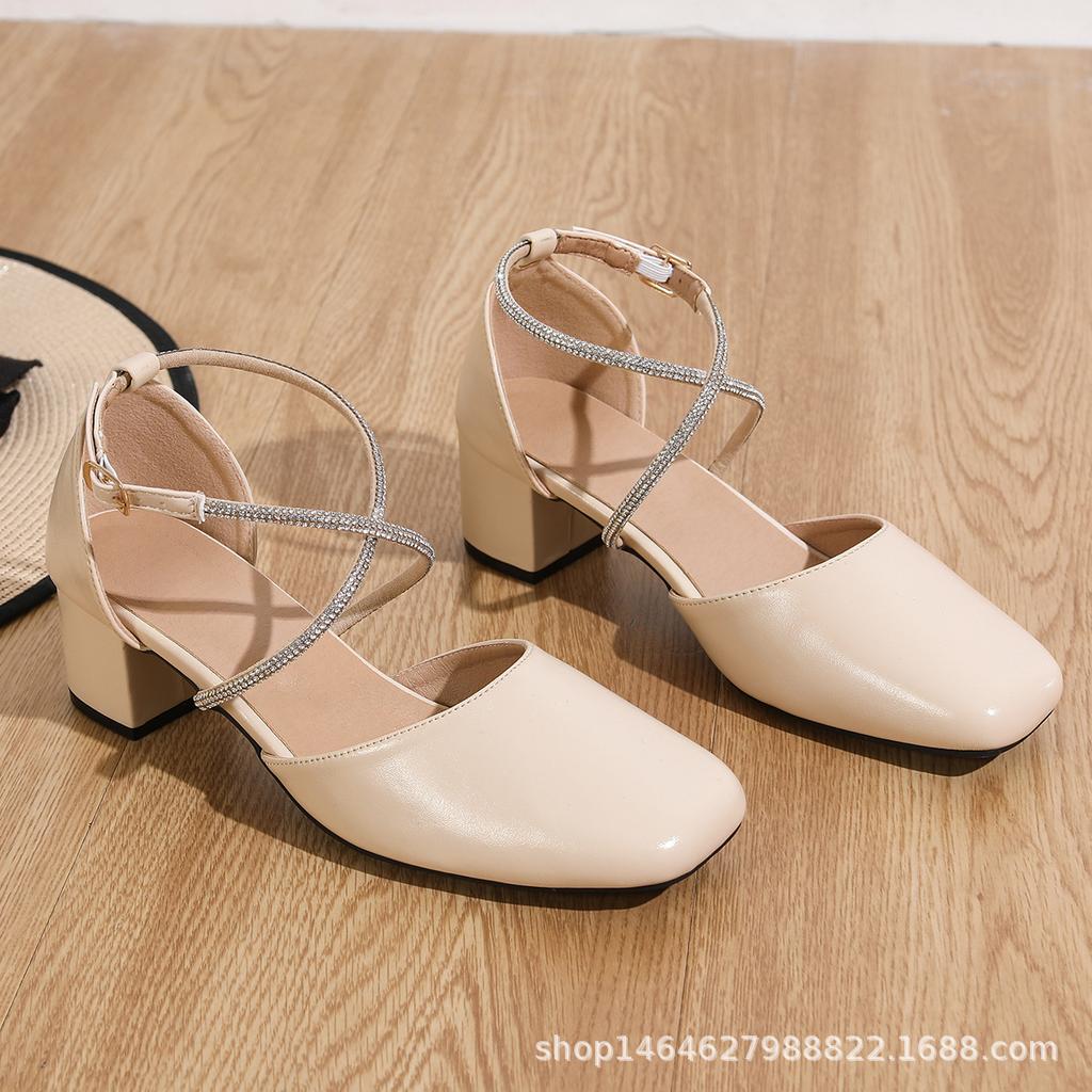 Spring New Cross-drill with Hollow Sandals Versatile and Comfortable Square Head Bag Head High-heeled Sandals