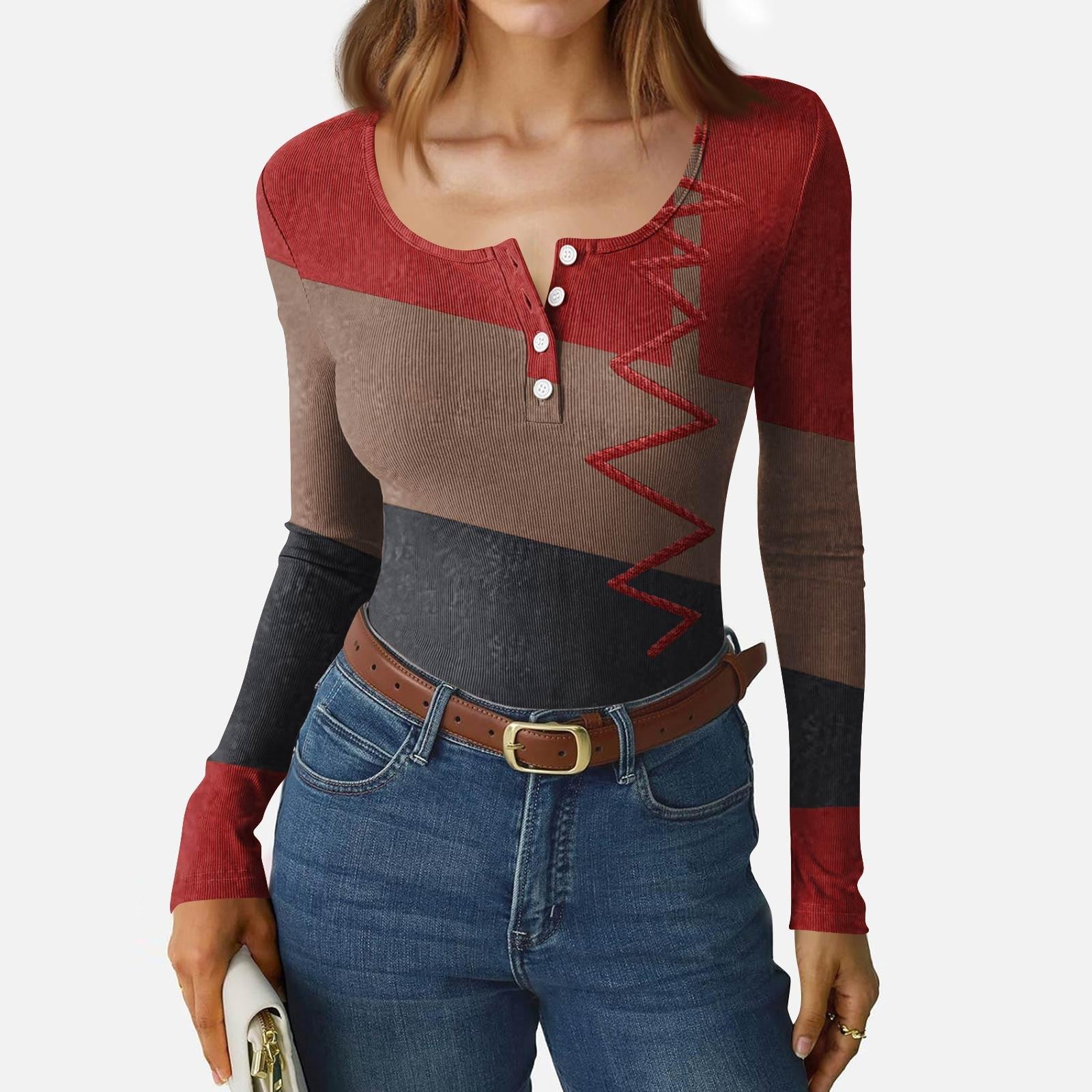 

Женская приталенная футболка Модная повседневная с градиентным принтом Пуловер с круглым вырезом и длинным рукавом L винный