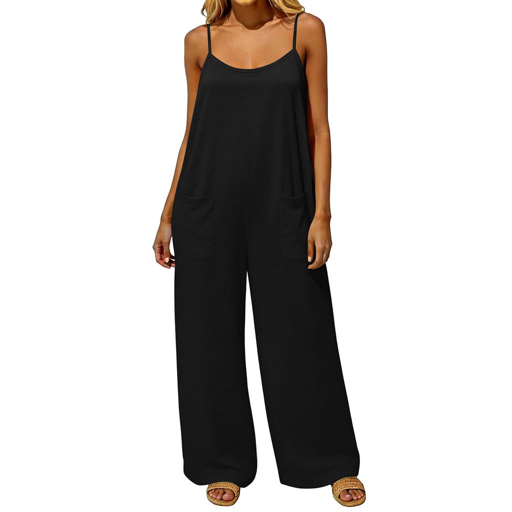 Women's Jumpsuit, Casual And Loose Fit, Featuring A Backless Design With Vintage Thin Straps. This Loungewear Jumpsuit Is Made From A Cotton And Li