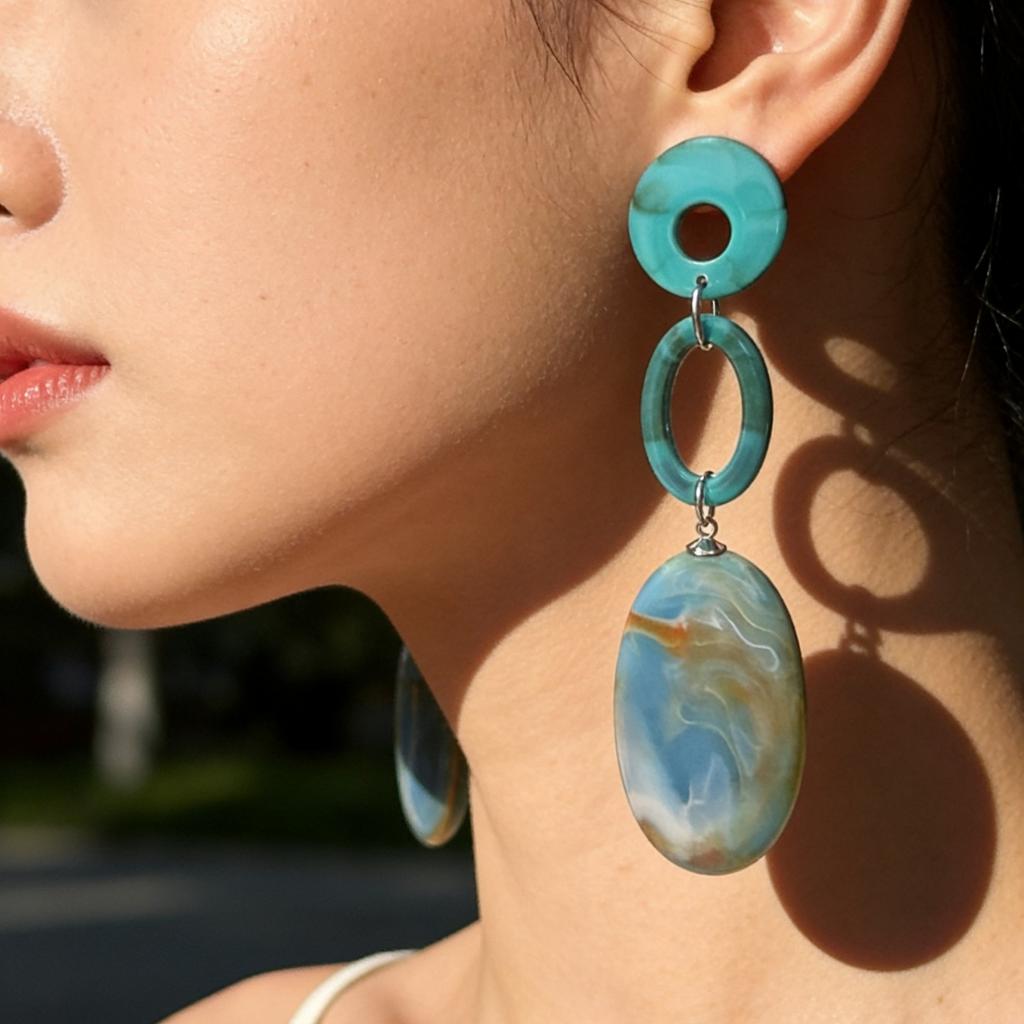Beach Vacation Style Blue Texture Exaggerated Light Luxury High-end Atmosphere Hollow Geometric Oval Women's Earrings