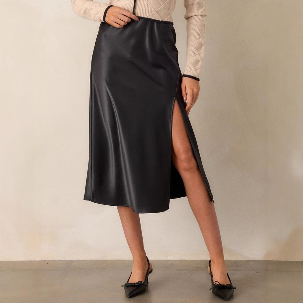 Women's New Satin Bustier High-waisted Elastic Split Long Skirt Sexy Splicing Package Hip Skirt Female