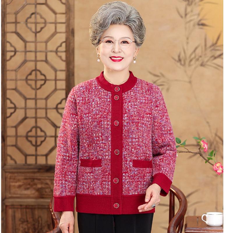 Autumn and Winter Velvet Thickened Spring and Autumn Grandma Knitted Sweater Clothes Middle Old Girl Mother Old Man Sweater Cardigan Jacket