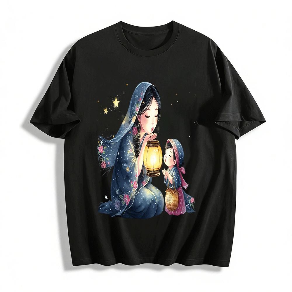 Mother And Child Lantern Night Warm Print Parent-child Outfits Pure cotton T-shirt XXS