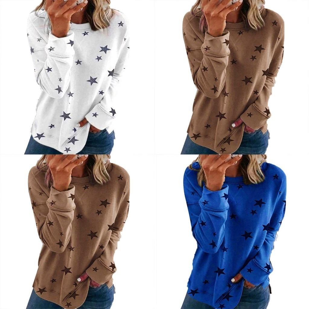 Women Casual Tunic Crew Neck Long Sleeve Star Print Tee Top Blouse For Daily Comfort And Style