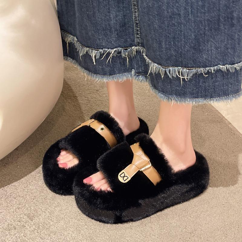 Thick-soled Wool Slippers Women's Autumn and Winter Outer Wear Gentle Fluffy Shoes One-word Drag Design Sense Large Size Plush Drag