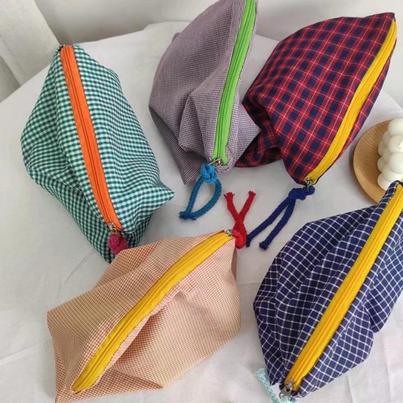 Women Girls Plaid Makeup Bag Cotton And Linen Cosmetic Bag With Zipper Pouch Simple Portable Large Capacity Storage Bag Fashion