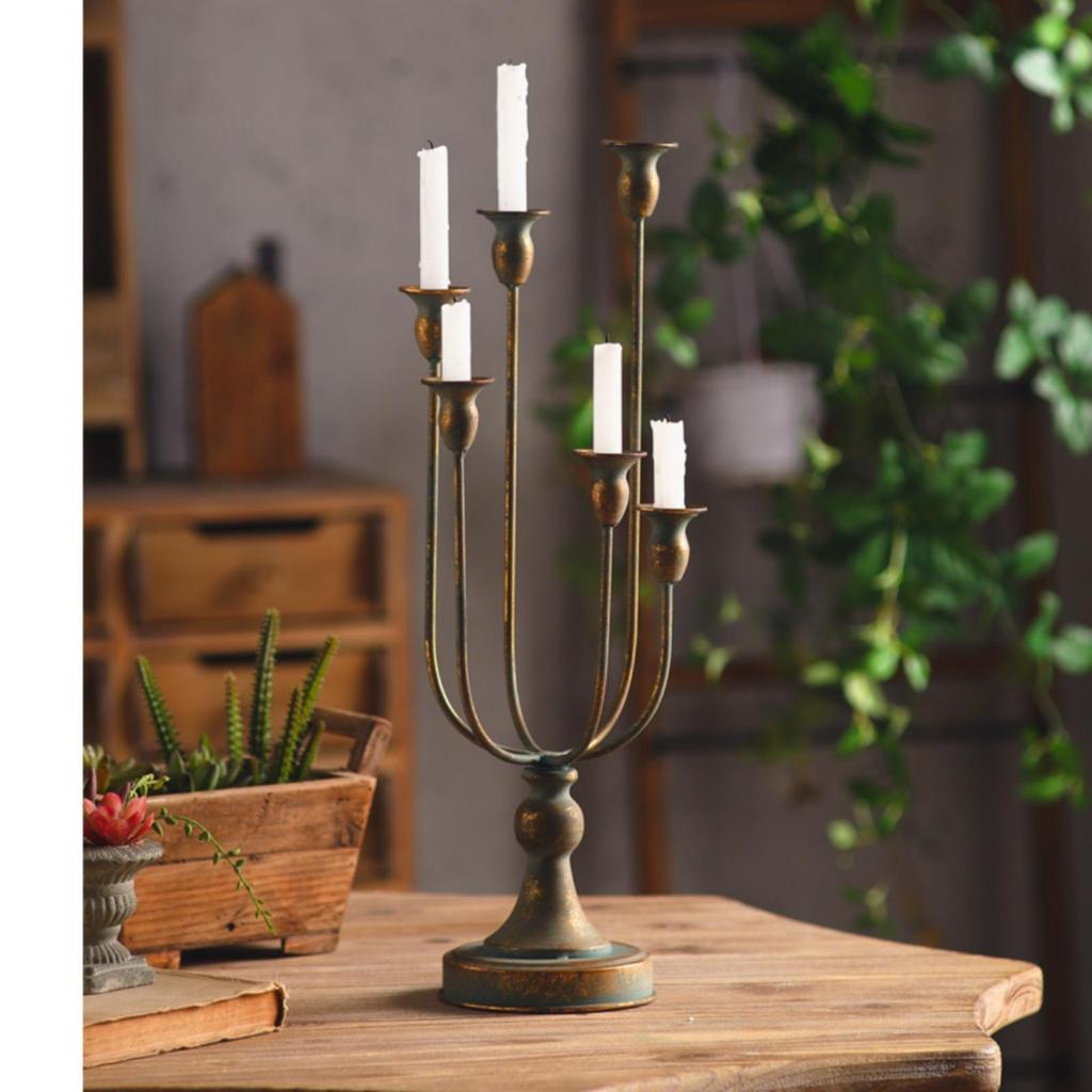 6 Arm Candelabra Worn Finish Tabletop Bronze Toned Iron Candle Stand