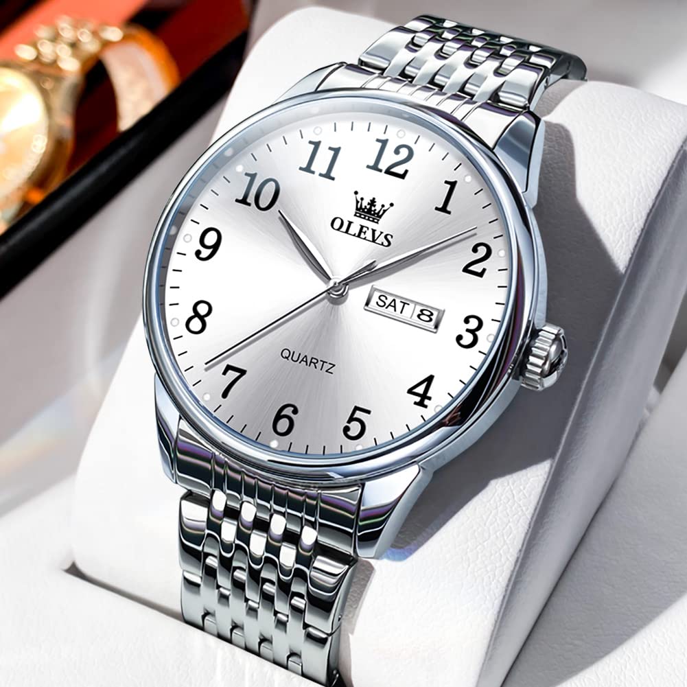 OLEVS Popular Waterproof Analog Metal Band Stainless Steel Day of the Quartz Silver Large Gift Men's Watch, Fashion, Watch, Men's Watch, Watch, Men's