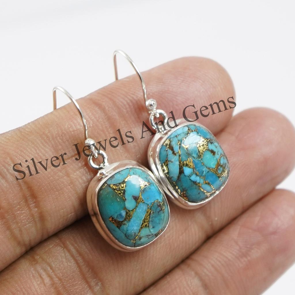 Blue Copper Turquoise Earrings, 925 Sterling Silver, Rectangle Gemstone