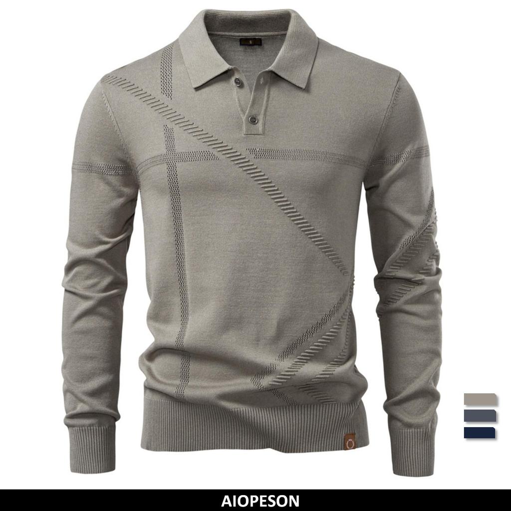 AIOPESON 2025 Autumn Winter Thermal Comfort Mens Polo Sweater Solid Stripe Long Sleeve Slim Fit Sweater Men