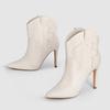 White Leather Pointed Toe Stiletto Ankle Boots with V-Shaped Opening and Embroidery – European and American Fashion