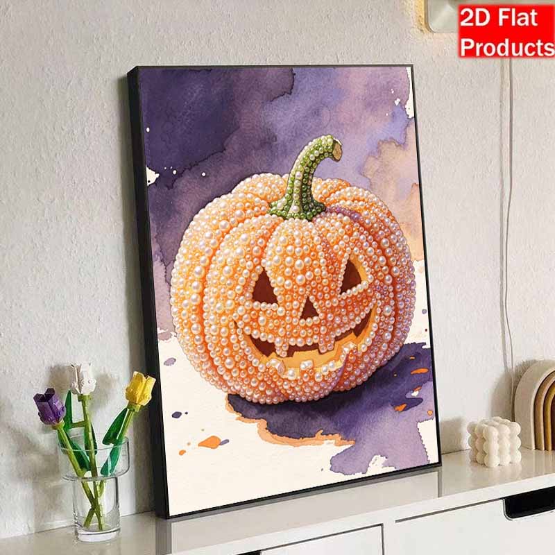 DIY Frameless Pearl Bead Painting Kit Halloween Pumpkin Sparkling Canvas Art Creative Gift for Craft Lovers