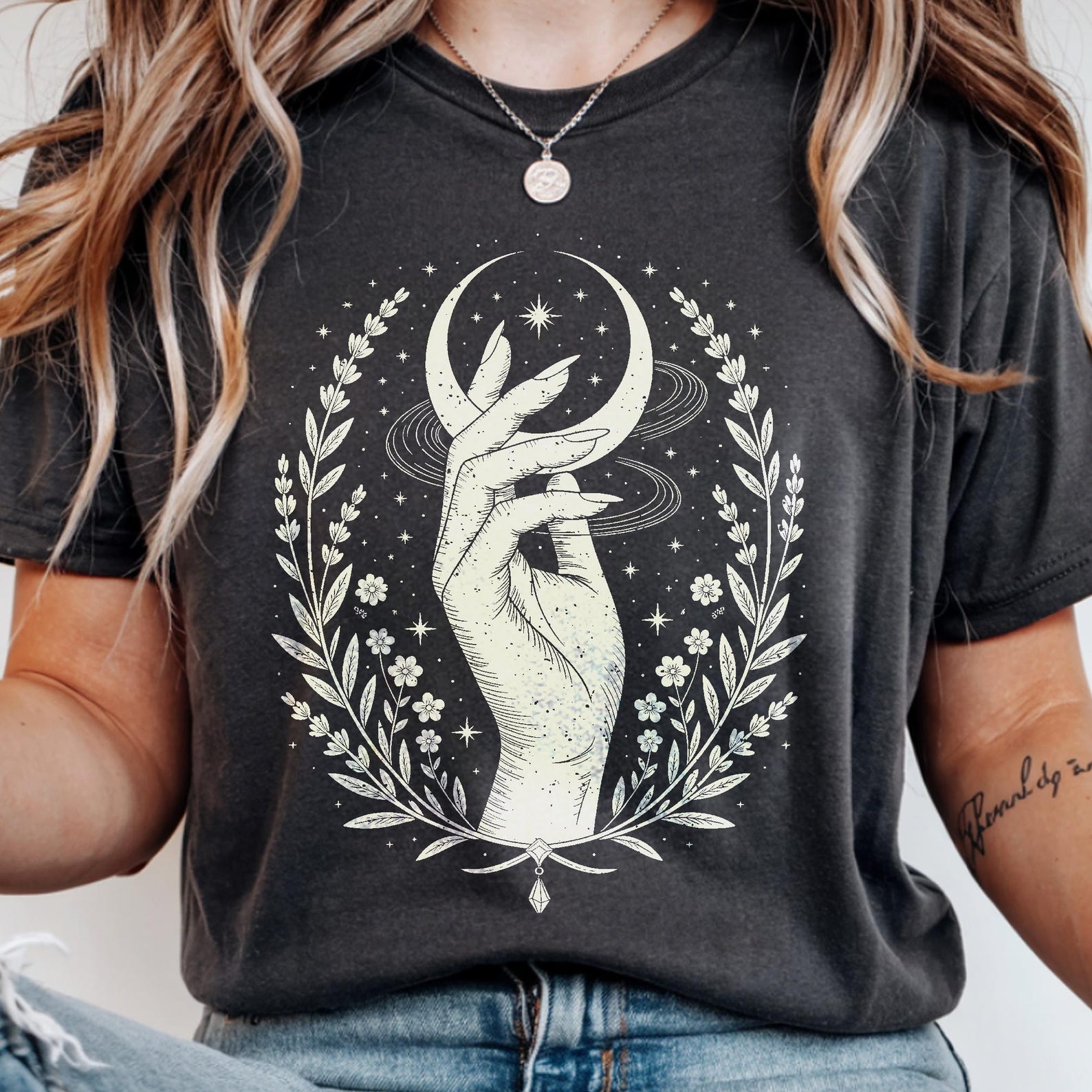 Witchy Celestial Hand T-Shirt, Mystical Moon Goth Tee, Dark Cottagecore Magic Shirt, Botanical Crescent Witch Gift S