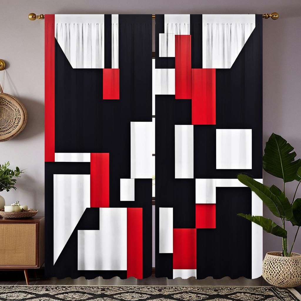 2 Pieces HD Digital Black White Red Series Abstract Geometric Curtains Home Decorating Style Decorating Living Room Bedroom Rodd