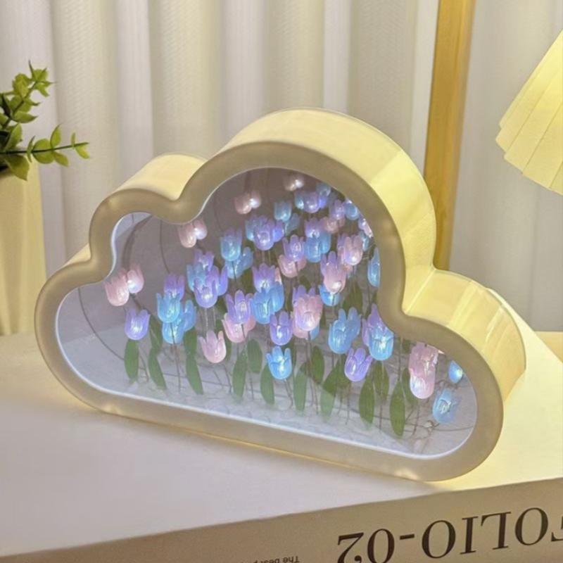 Cloud Shape Tulip Night Light Diy Handmade Flower Lamp Battery Powered Mirror Decor Table Lamp For Bedroom Gift