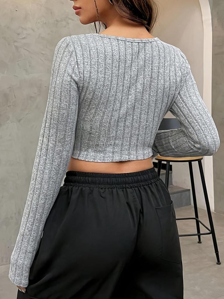 2024 European-American Style U-Neck Ribbed Knit Long-Sleeve Women's T-Shirt