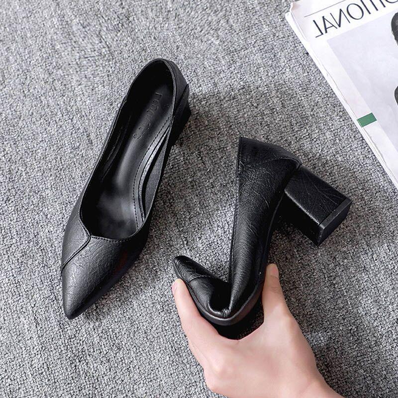 Autumn 2025 Women's Genuine Leather Korean Fashion Pointed Toe Slip-On Chunky Mid Heel Shoes