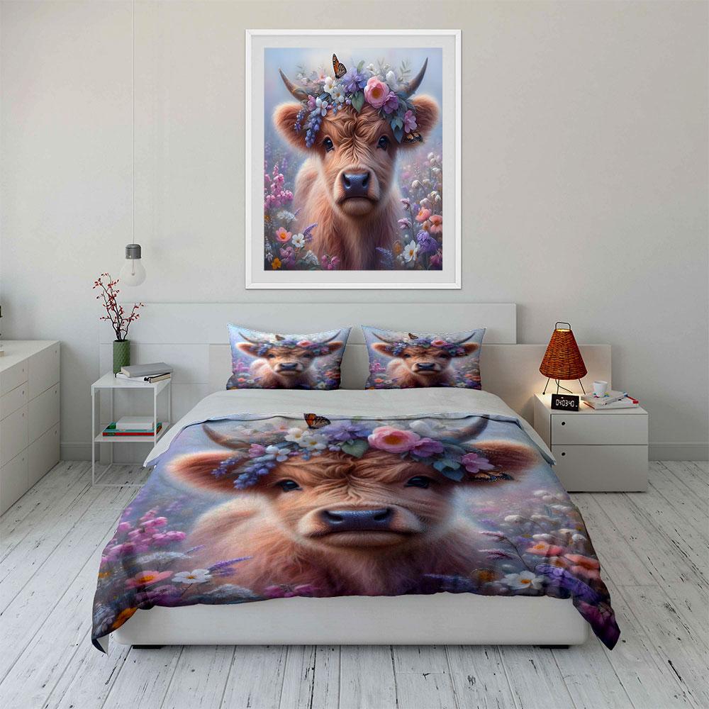 Cute Cow with Flower Crown Bedding Duvet Cover Set (1*Duvet Cover 2*Pillowcases, Without Duvet Insert)