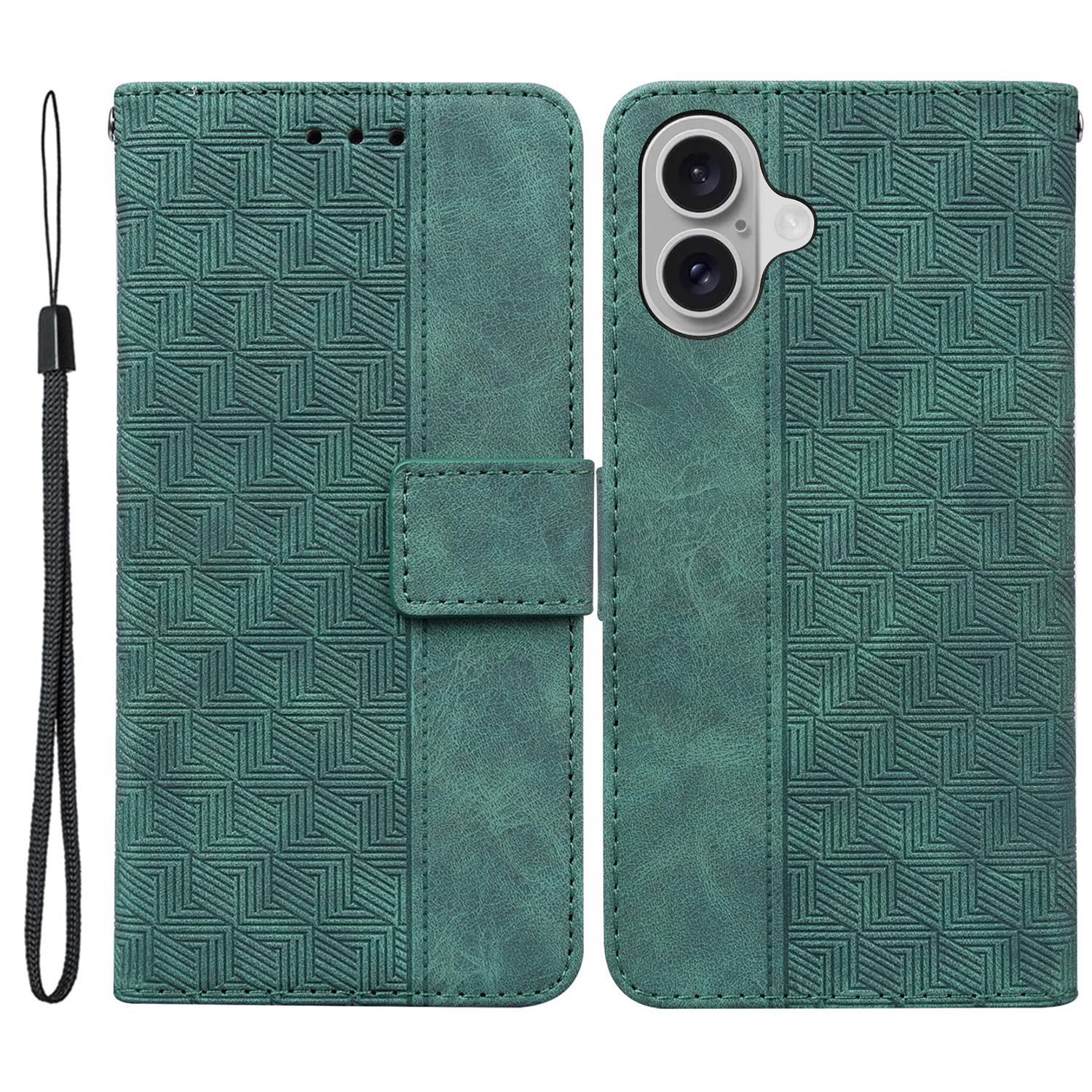 For iPhone 16 Case PU Leather Geometry Imprint Wallet Phone Cover B