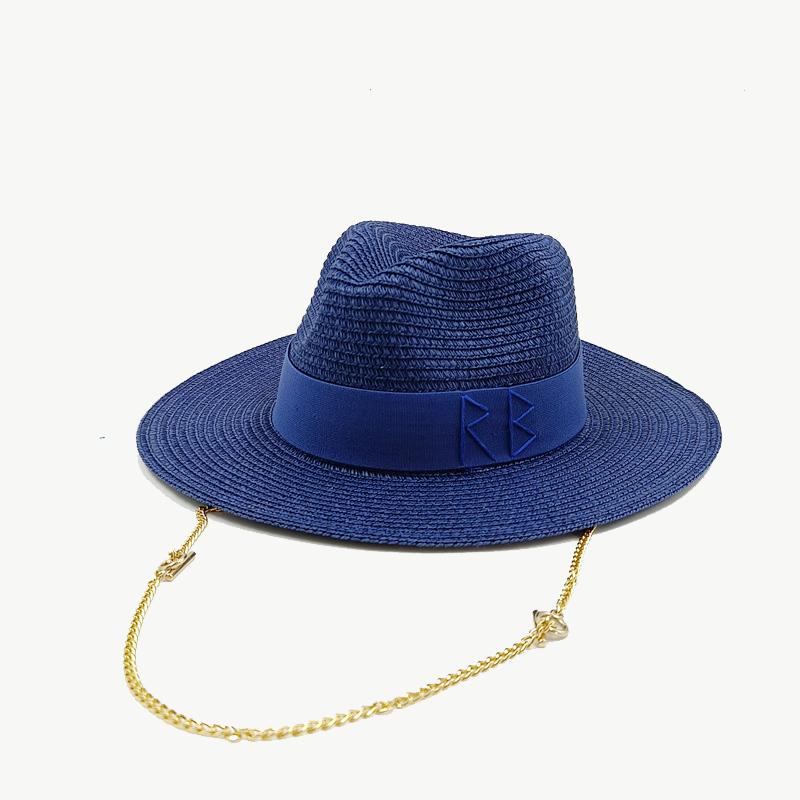 Mode Lettre Rb Chapeau de Cowboy en Paille Femmes et Hommes Été Panama Jazz Chapeau de Soleil de Plage de Vacances en Plein Air 56-58cm