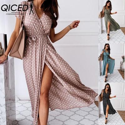 Summer Bohemian V-Neck Short Sleeve Polka Dot Dress Fashion Sexy Casual Long Skirt