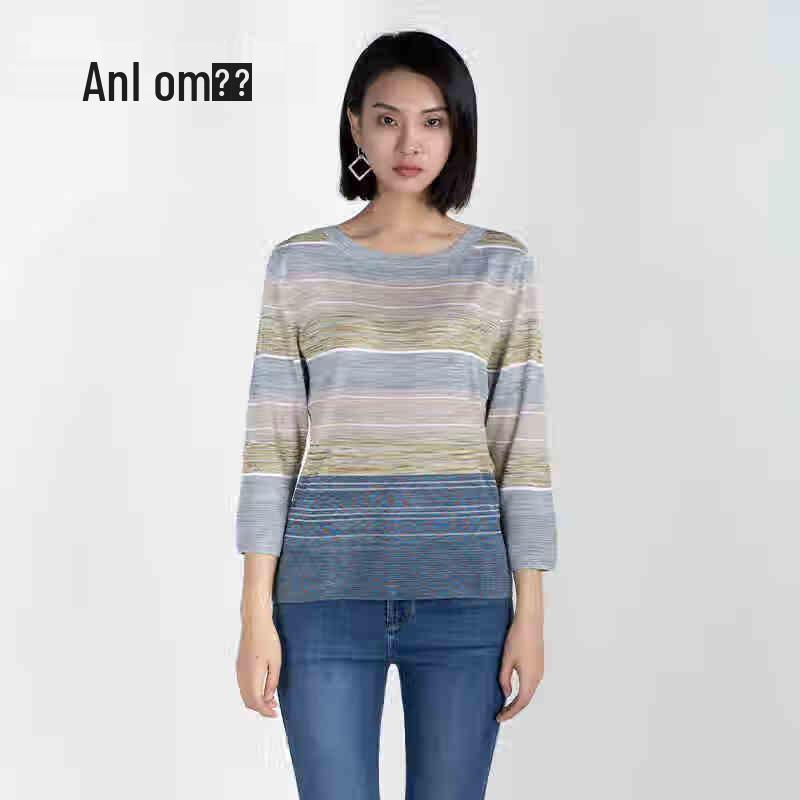 

Anlom Striped Round Neck Three-Quarter Sleeve Knitted Pullover Top 4XL