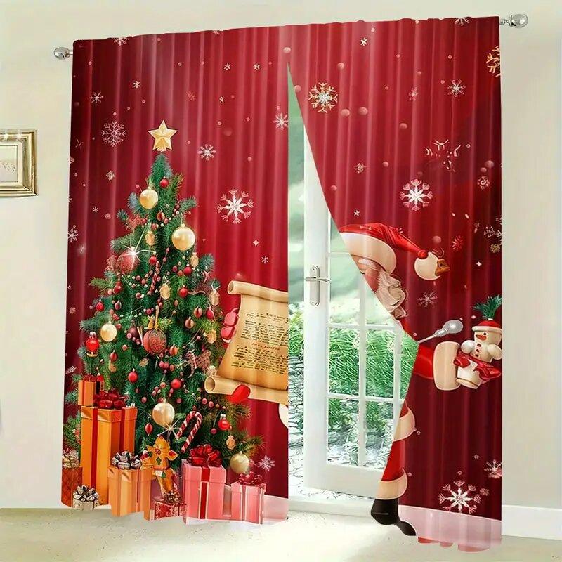 Santa Claus Printed Curtains Pole Bag Home Decoration Room Window Christmas Made Of Polyester
