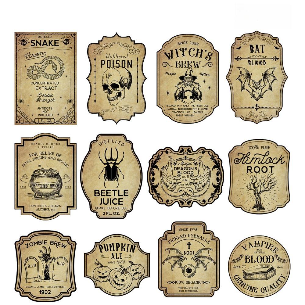12PCS/Set Halloween Wine Labels Witch Bottle Stickers Horror Gothic Vintage Potion Decals Halloween Party Decor Party Supplies