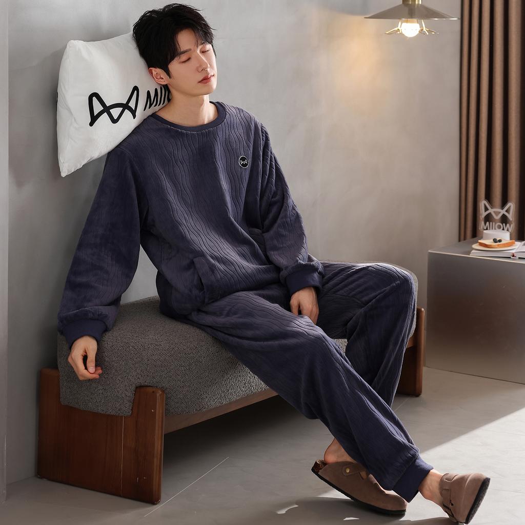 Pajamas Men'S Autumn And Winter Coral Fleece Thickened Fleece Winter Flannel Warm Homewear Set