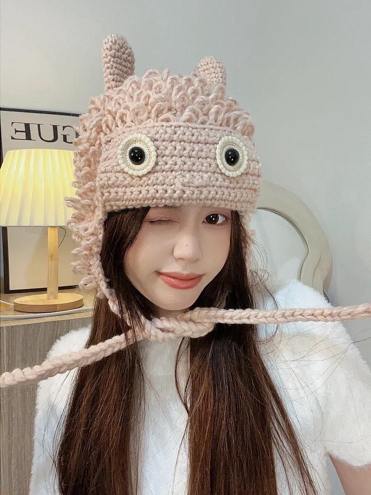 

Осенне-зимняя новая шерстяная шапка женская, ручная работа, плетеный головной убор в виде монстра из мультфильма, милый и симпатичный головной убор M（56-58cm） розовый