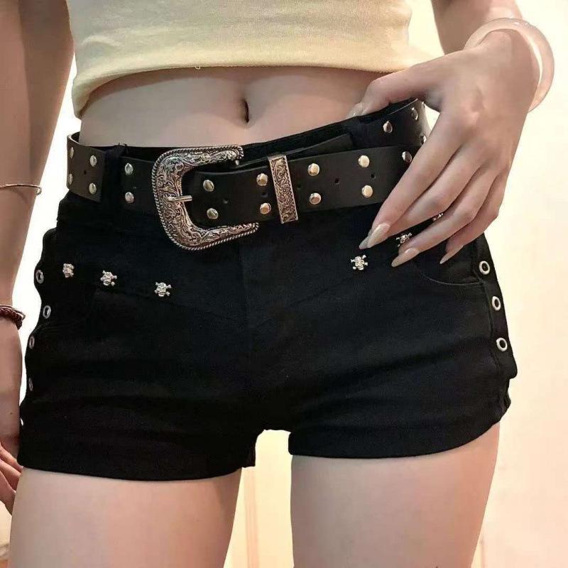 Women's Low-Waist Black Rivet Denim Shorts - Spicy Girl Hip-Hugging Hot Pants for Spring & Autumn