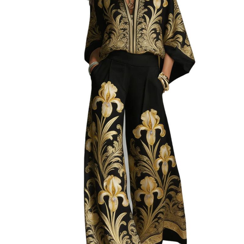 1116 New European and American Style Fashion Luxury Black Gold Baroque Print Nine-quarter Sleeve Wide-leg Pants Set Women's Two-piece Set