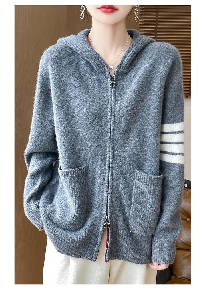 Women's Striped Color Block Hooded Cashmere Cardigan - Autumn/Winter Loose Casual 100% Pure Wool Jacket
