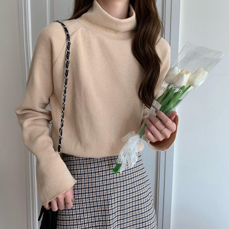 Korean-Style Autumn Loose Mid-High Neck Long Sleeve Shirt for Women - Solid Color Trendy Base Layer.