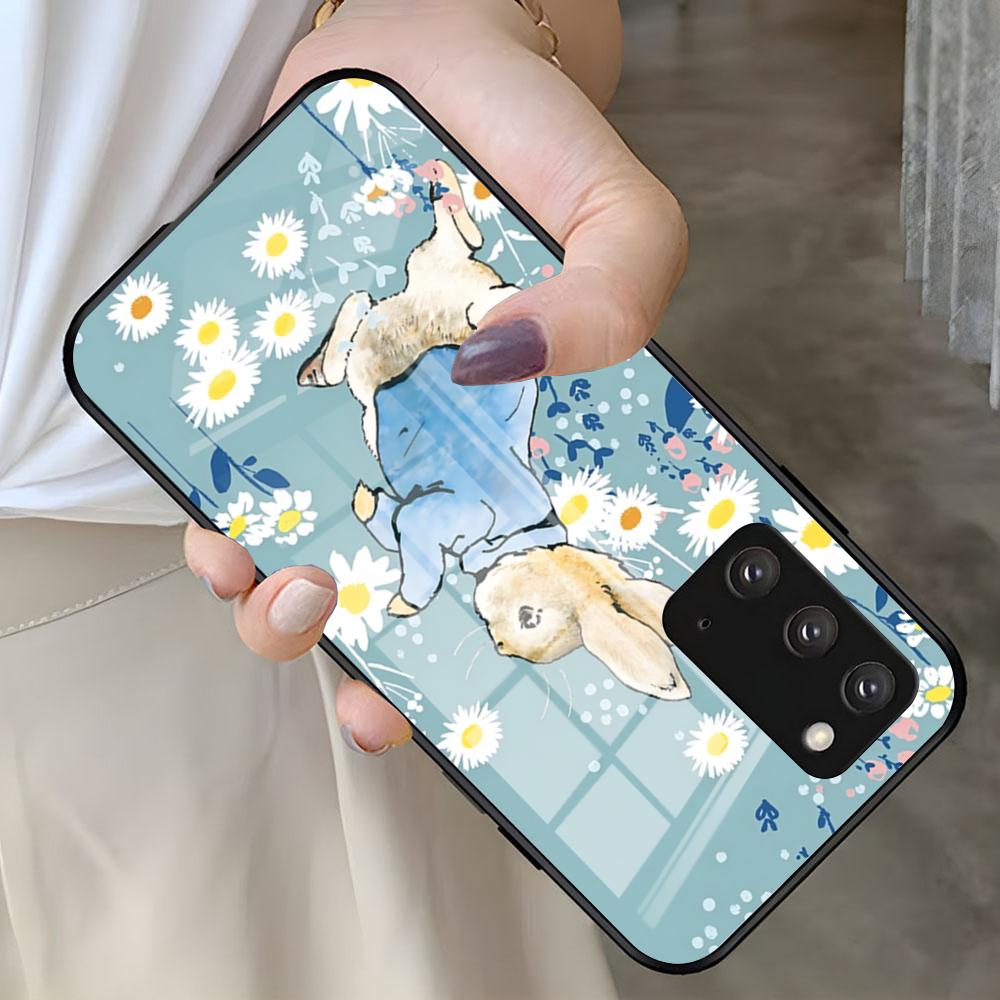 Cute P-PeterS Rabbit Phone Case For Samsung S26 S25 S24 FE S23 S22 S21 Plus S20 Ultra Note20Ultra Black Glass Cover