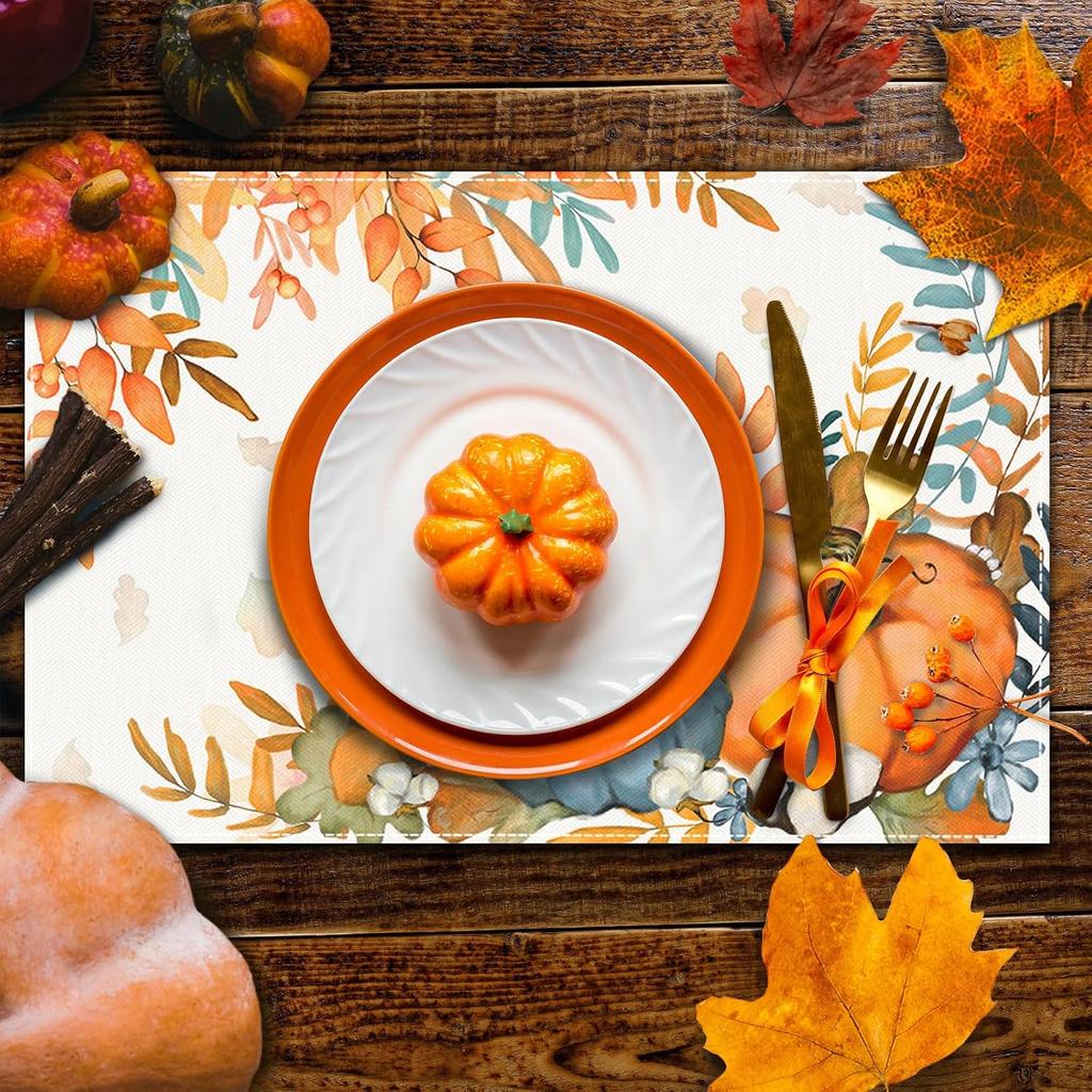 Fall Placemats Set of 4 Placemats,12x18 Inch Autumn Pumpkin Pattern Table Mats for Thanksgving Fall Holiday Party Kitchen Dining Indoor Outdoor Table