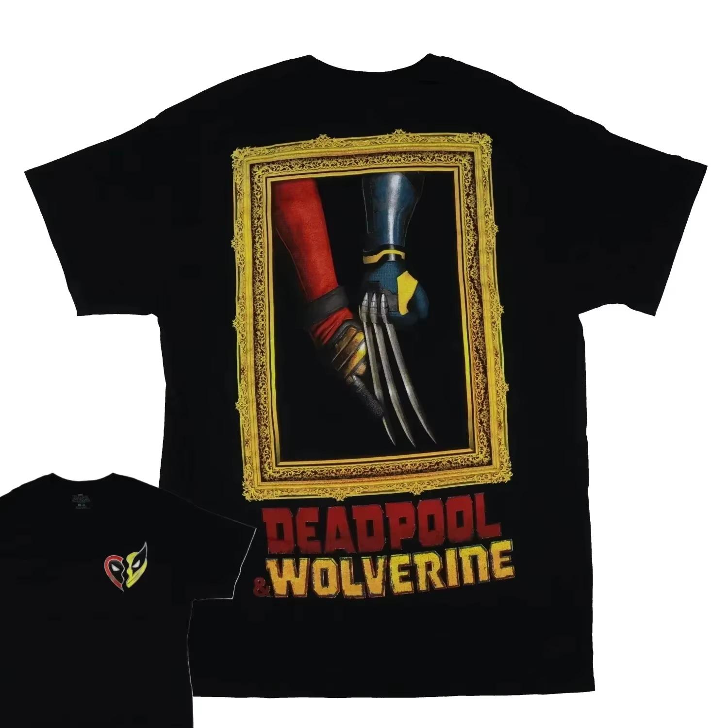 Black Deadpool & Wolverine Movie T-shirt Features a Framed Clasped Hands Print and Matching Chest Logo for Loyal Marvel Fans 4XL