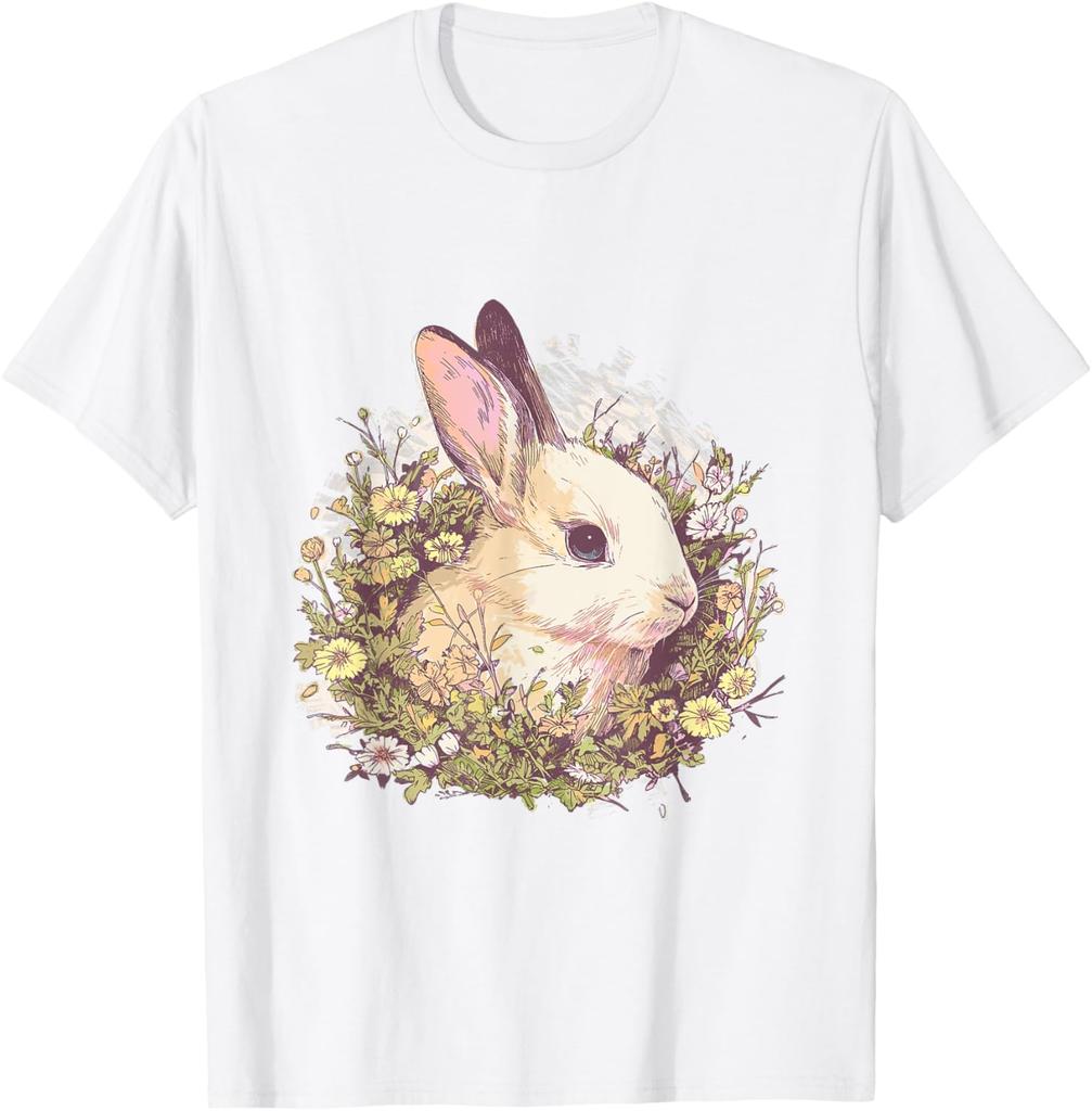 Bunny In Floral Garland Graphic Print Casual Cotton T-Shirt Spring Cottagecore Aesthetic Tee