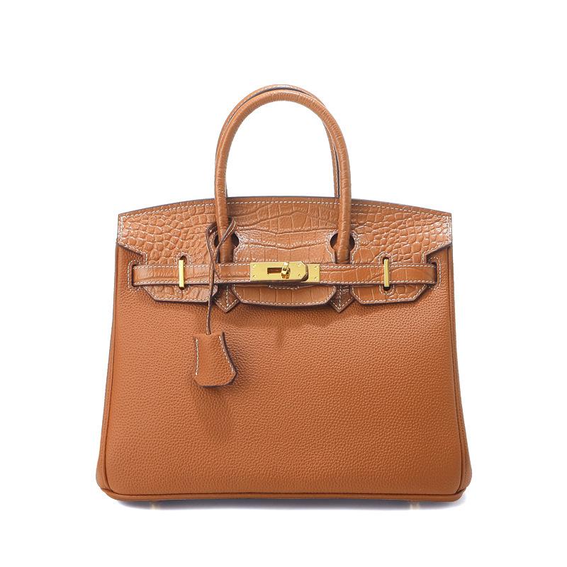 Sac à Bandoulière en Cuir de Vachette Motif Crocodile, Grand Sac à Main Rétro Style Kelly pour Femmes