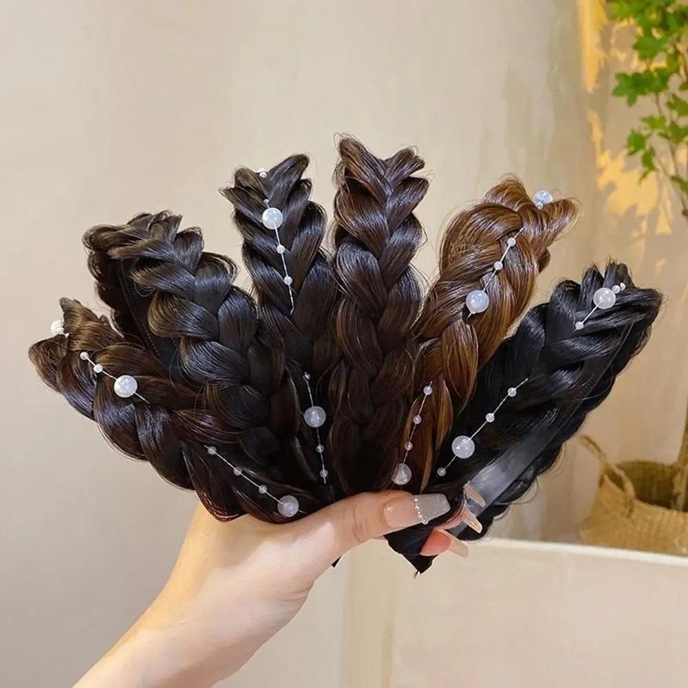 Sweet Handmade Synthetic Twisted Wig Headband Retro Style Stretch Design Fishbone Braid Headband Wide Hairband Daily Wear