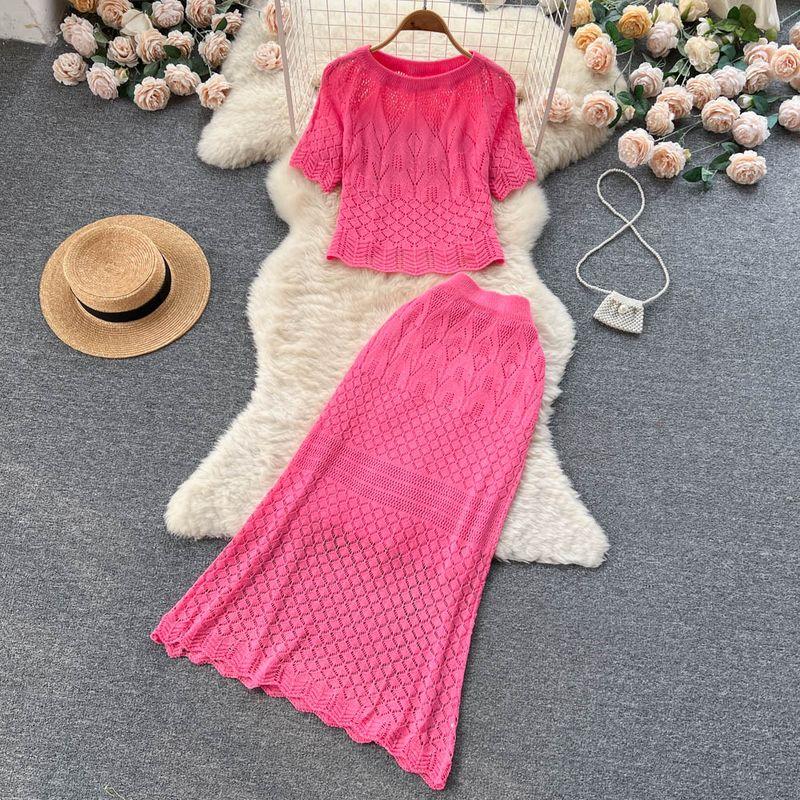 

Cut Out Lace Fishtail Skirt Two-piece Set Crocheted Rose Red One size