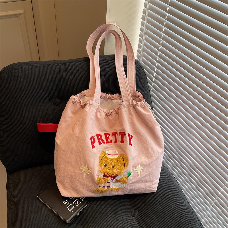 Large Capacity Cloth Bag Women's New Summer Versatile Shoulder Bag Cute Drawstring College Student Class Tote Bag